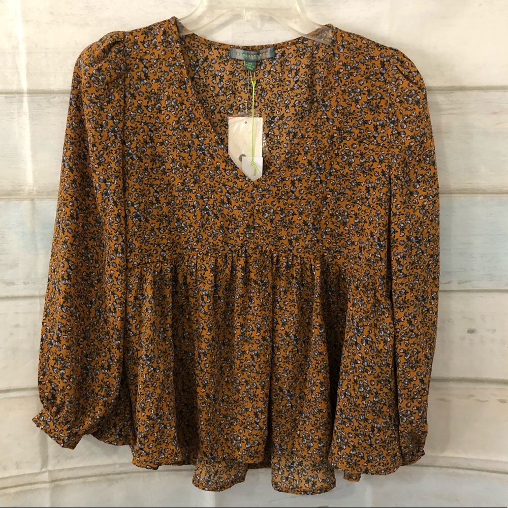 ❌Good Luck Gem Women Long Sleeve Top Blouse Mustard Floral Flowy XS
